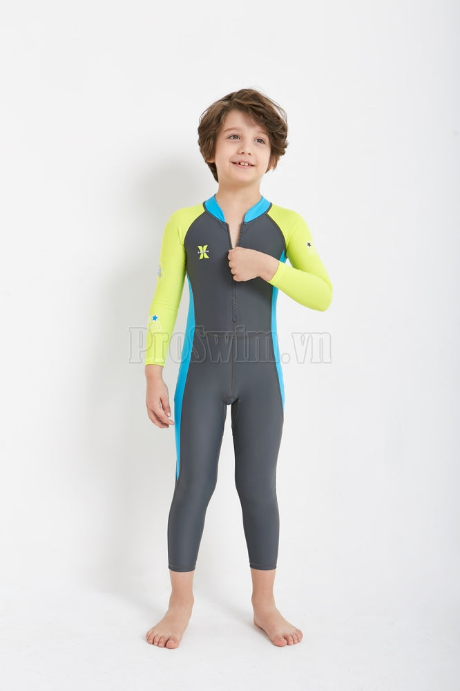 Bộ Bơi Bé Trai Kín Toàn Thân DS21 Ghi Tay Xanh - ProSwim.vn