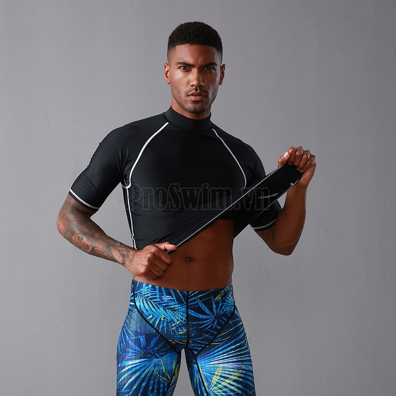 Áo Bơi Nam Cộc Tay Sbart Đen Chỉ Trắng - ProSwim.vn