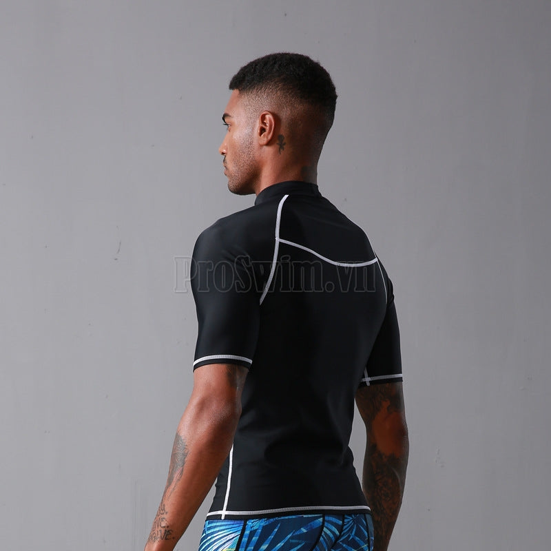 Áo Bơi Nam Cộc Tay Sbart Đen Chỉ Trắng - ProSwim.vn
