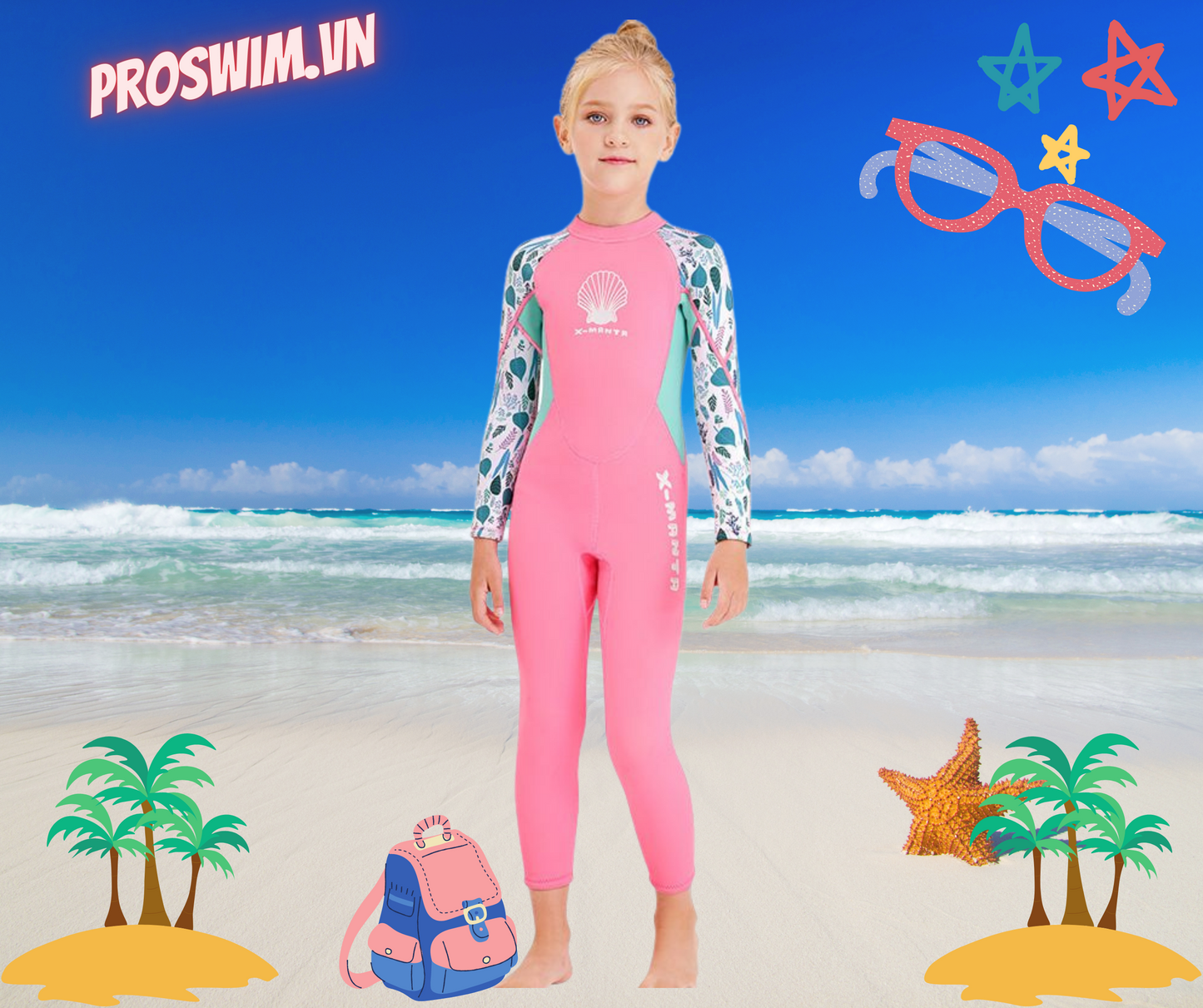 Đồ Bơi Giữ Nhiệt Cho Bé Gái Liền Thân Dài Tay Dày 2.5mm WS556 Hồng - ProSwim.vn