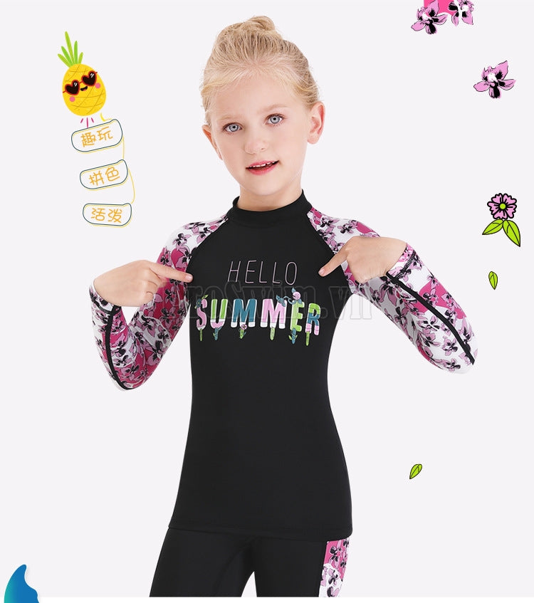Bộ Bơi Bé Gái Rời Dài Tay DS11 Đen Hồng Hello Summer