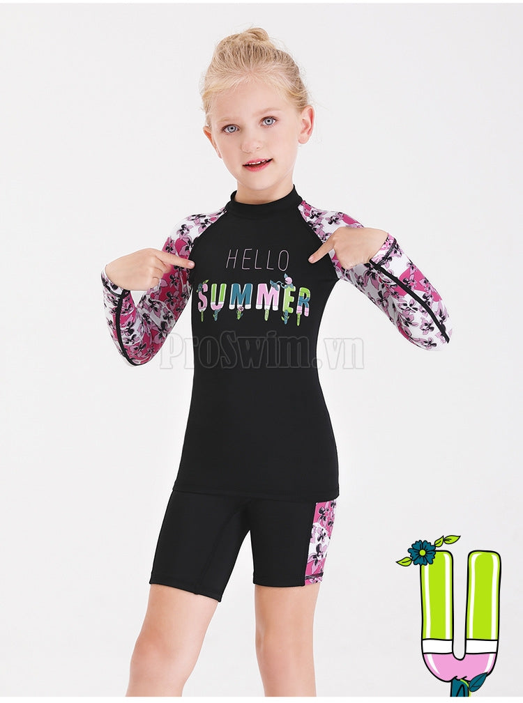Bộ Bơi Bé Gái Rời Dài Tay DS11 Đen Hồng Hello Summer