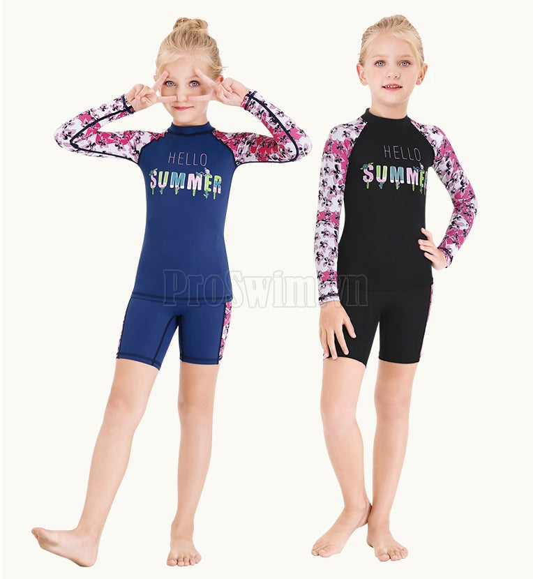 Bộ Bơi Bé Gái Rời Dài Tay DS11 Navy Hồng Hello Summer
