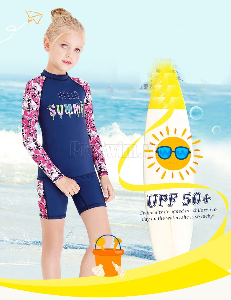 Bộ Bơi Bé Gái Rời Dài Tay DS11 Navy Hồng Hello Summer